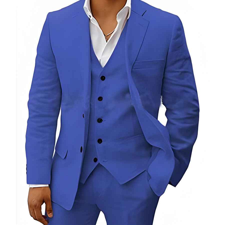Blue linen wedding suit with jacket, vest, and white dress shirt