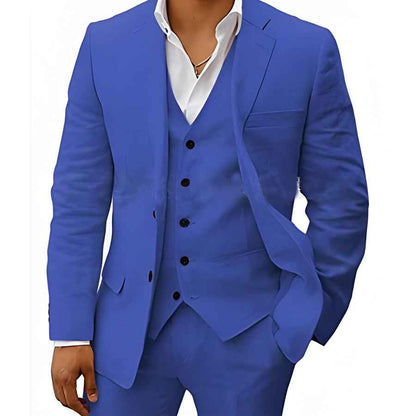 Blue linen wedding suit with jacket, vest, and white dress shirt
