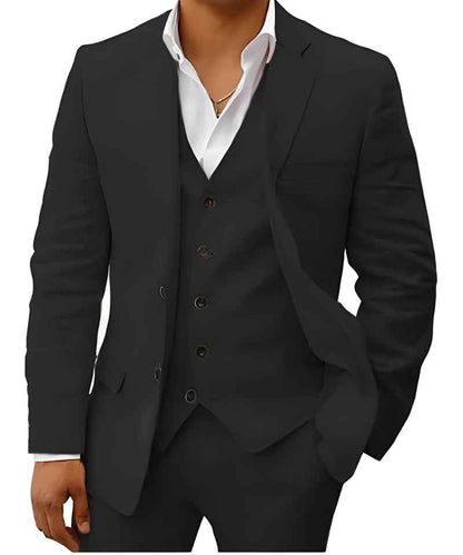 Black linen wedding suit with blazer, vest, and white dress shirt