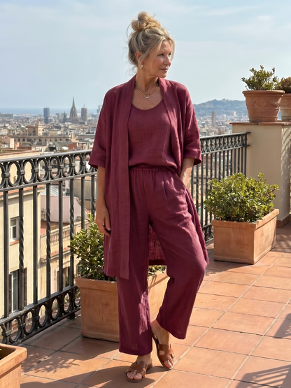 Yael burgundy relaxed top and pant set with draped cover-up