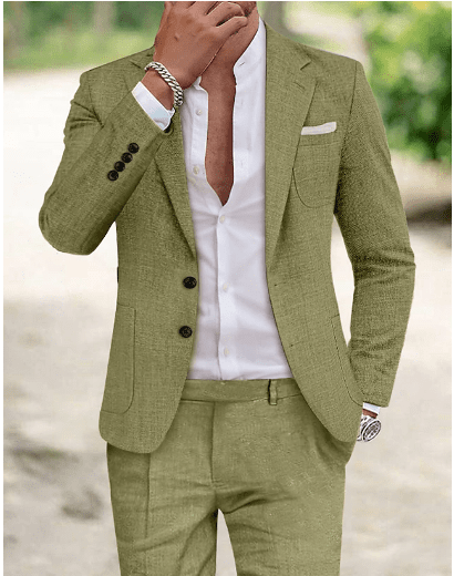 Men's summer suit in green with white button-up shirt, two-button blazer and matching trousers.