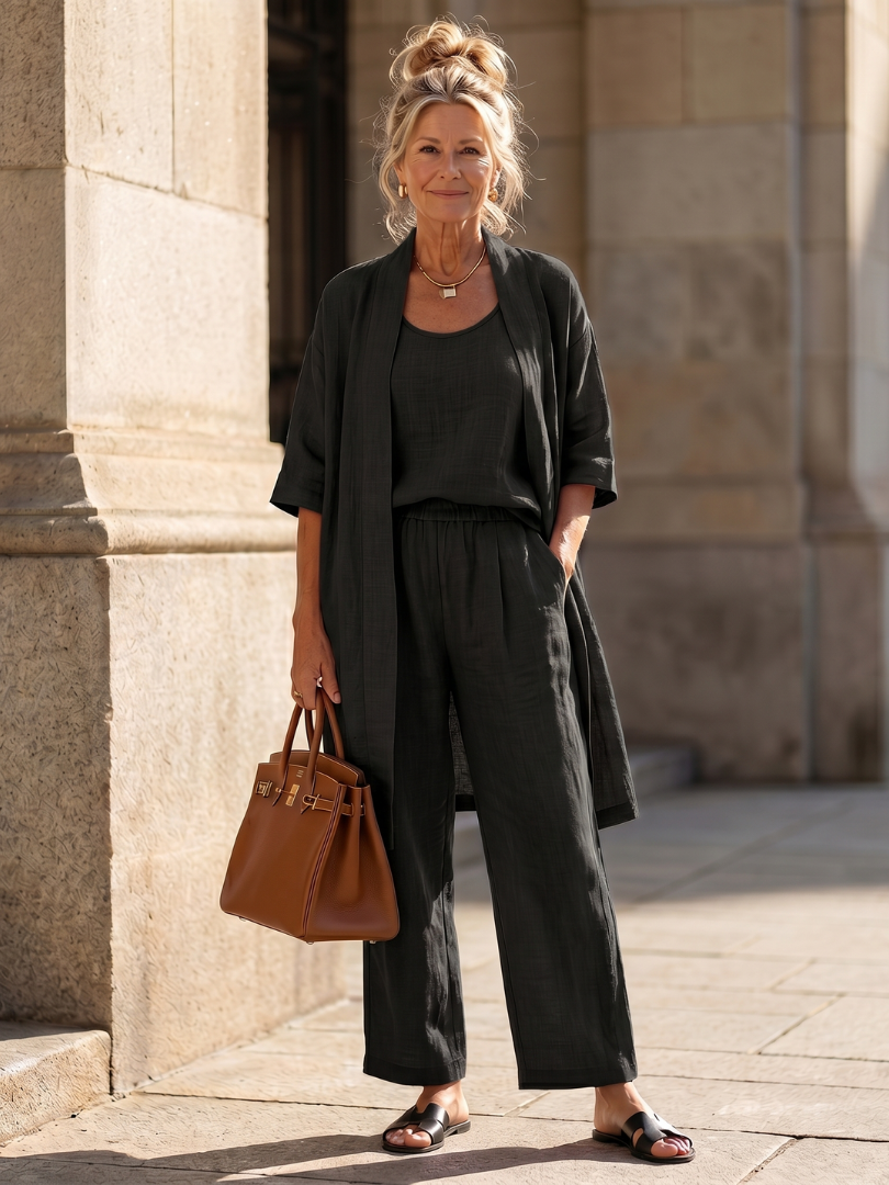 Yael black relaxed top and pant set with matching cover-up