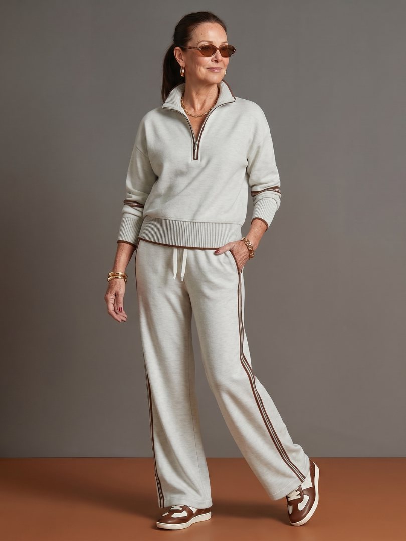 Light gray zip-neck long-sleeve pants set with white side stripe and drawstring joggers