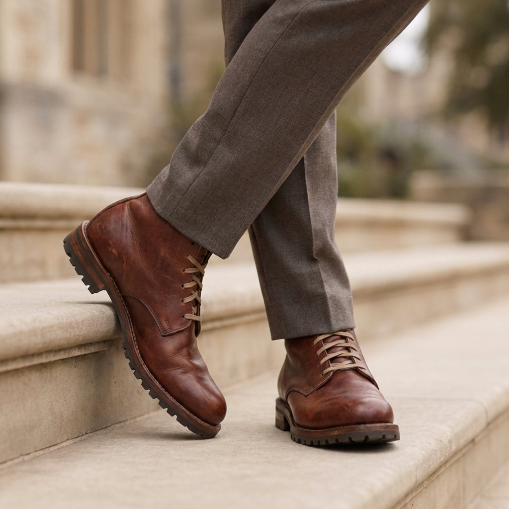 Chestnut brown lace-up ankle boots with rugged sole and fabric pull tab