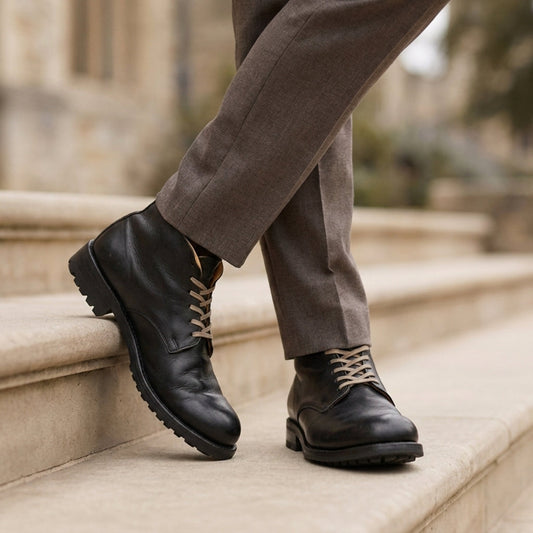 Black lace-up ankle boots with rugged sole and fabric pull tab