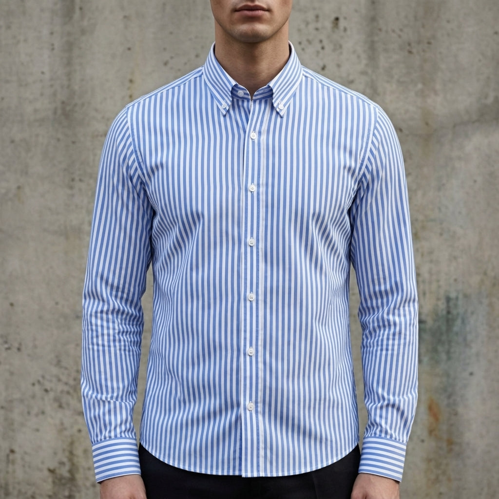 Men's striped button-up shirt, light blue with white vertical stripes and button front.