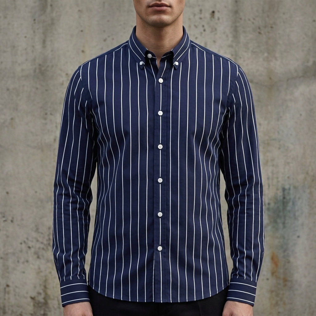 Men's striped button-up shirt, midnight navy with white vertical stripes and button placket.