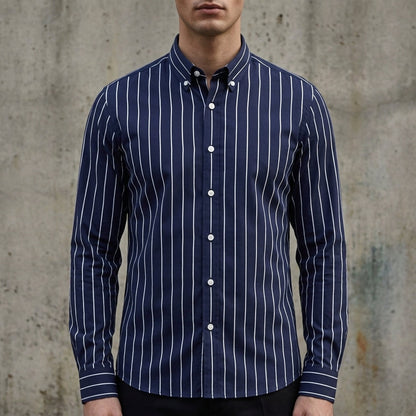 Men's striped button-up shirt, midnight navy with white vertical stripes and button placket.