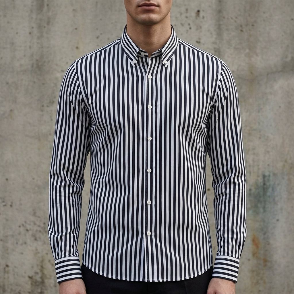 Men's striped button-up shirt, dark navy with white vertical stripes and button front.