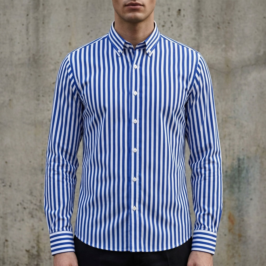 Men's striped button-up shirt, royal blue with white vertical stripes and button front.