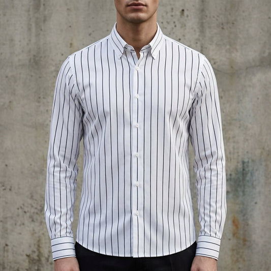 Men's striped button-up shirt, white with black vertical stripes and button placket.