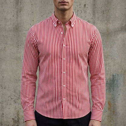 Men's striped button-up shirt, red with white vertical stripes and button front placket.