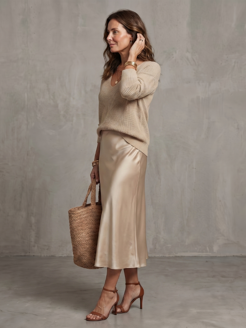 Women's beige knit sweater and satin bias skirt set, side view