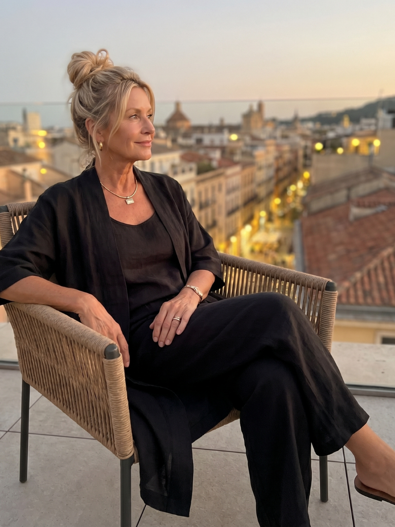 Yael black relaxed top and pant set, laid-back seated view