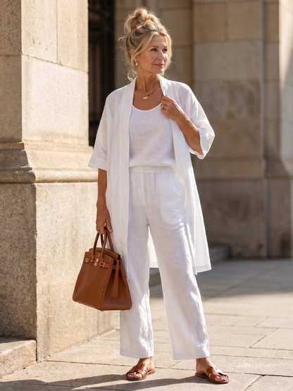 Yael white relaxed top and pant set with matching cover-up