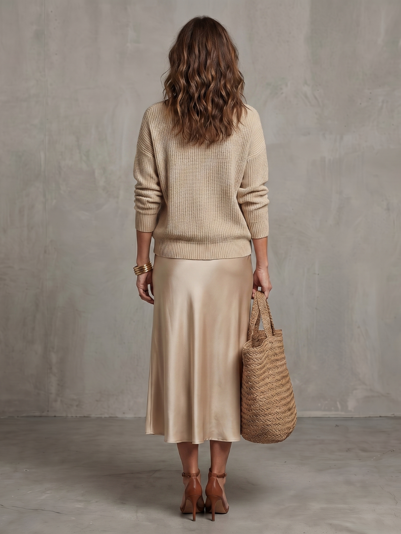 Women's beige knit sweater and satin bias skirt set, back view
