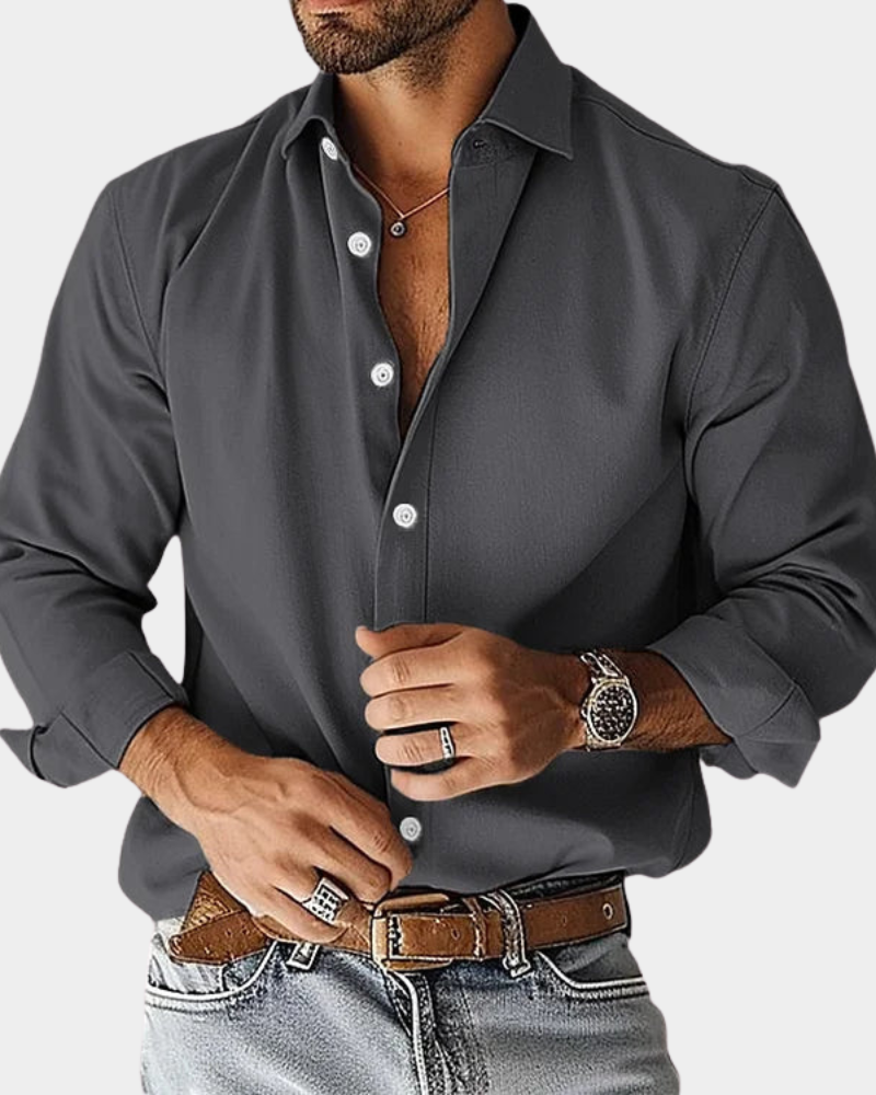 Gray long-sleeve button-up shirt with pointed collar and button front