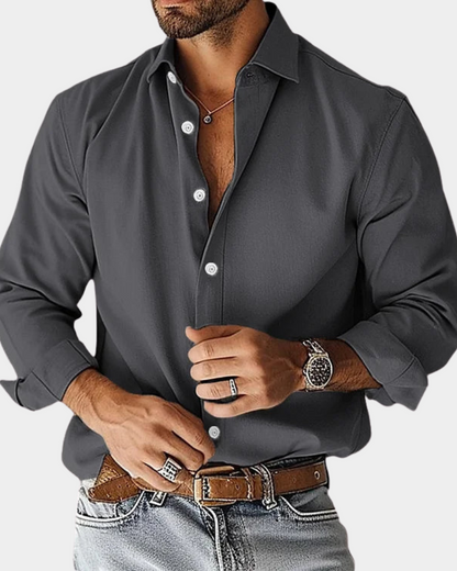 Gray long-sleeve button-up shirt with pointed collar and button front