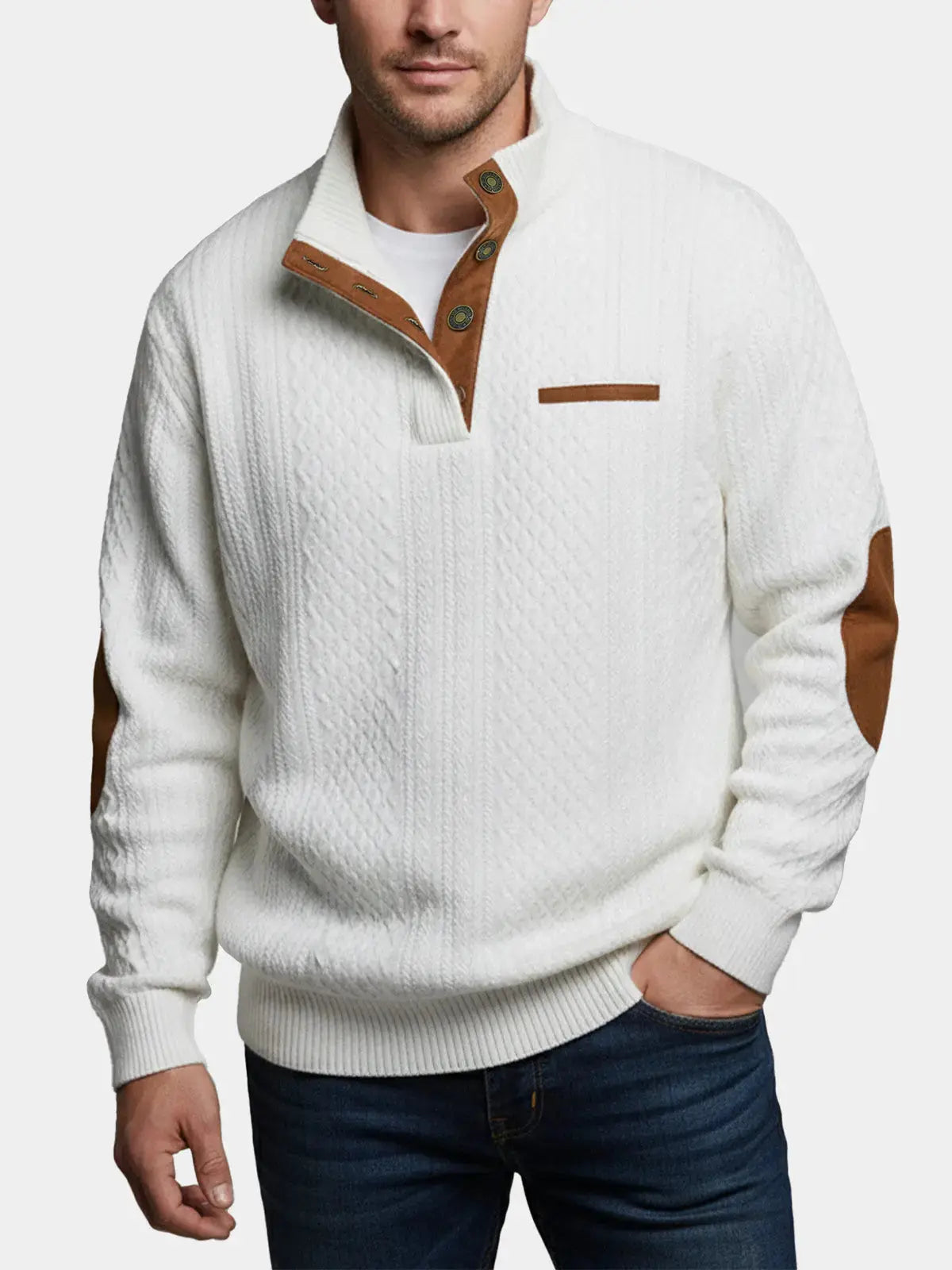 Cable-knit pullover sweatshirt in white with half-button placket and brown accent stripe