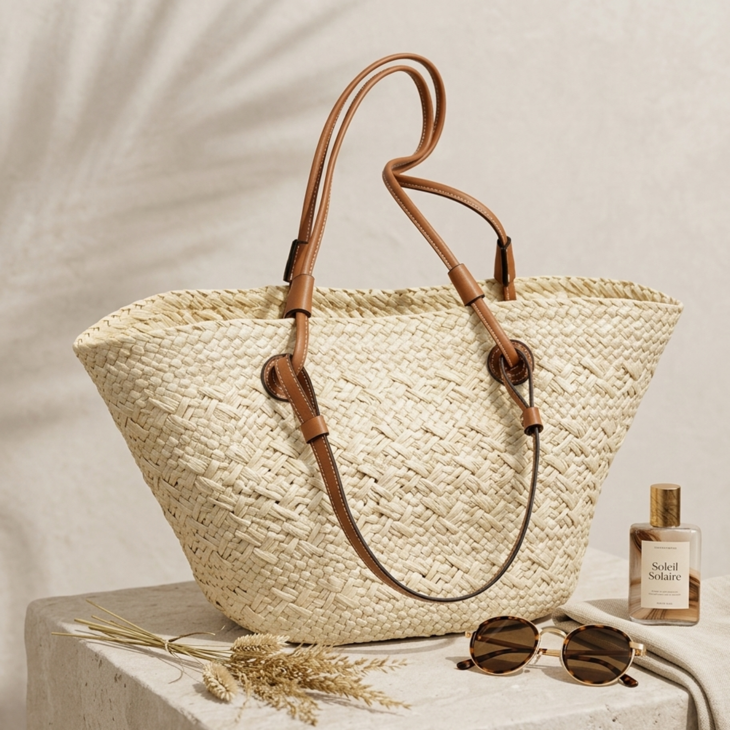 Woven straw tote bag with two top handles and brown leather strap detail.