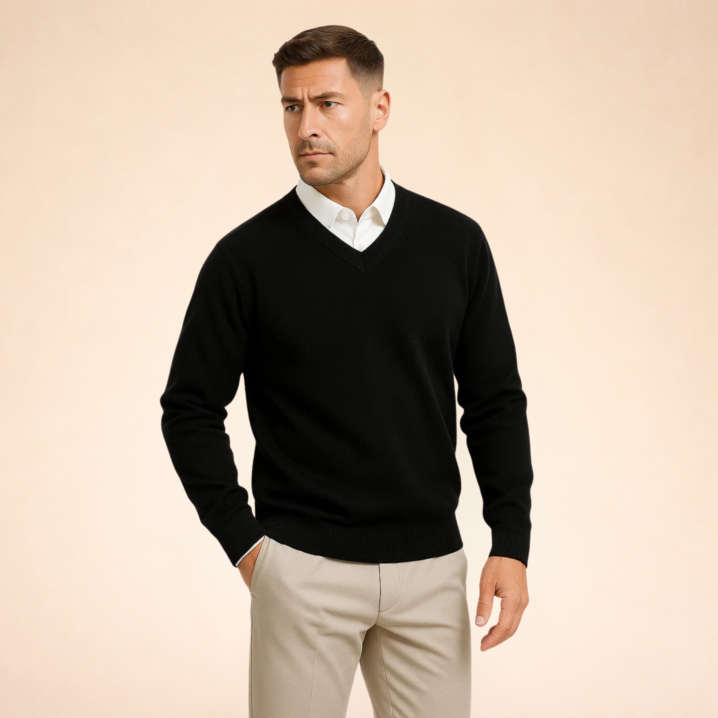 Black cashmere V-neck sweater with long sleeves and ribbed hem and cuffs