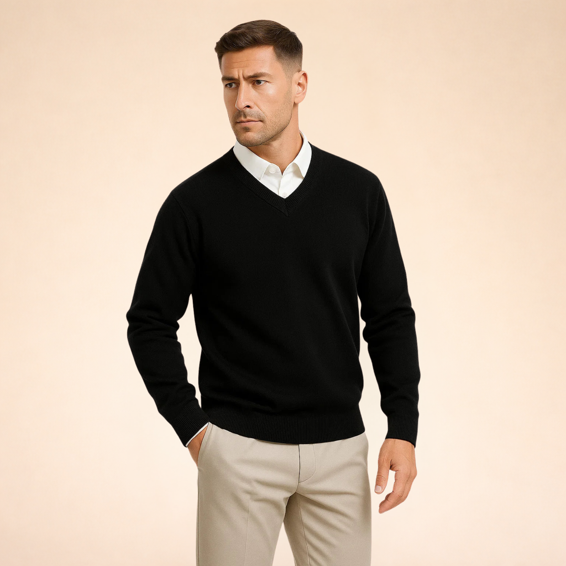 Black cashmere V-neck sweater with long sleeves and ribbed hem and cuffs