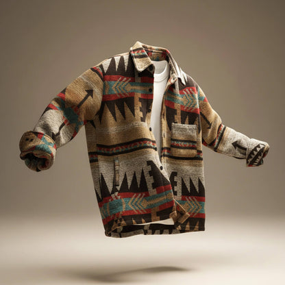 Wool jacket with button front and geometric tribal pattern in dark and light browns