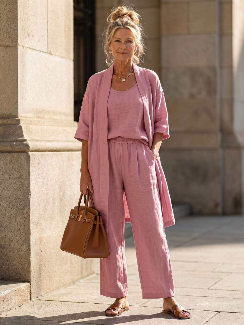 Pink relaxed top and wide-leg pants set with open kimono-style layer