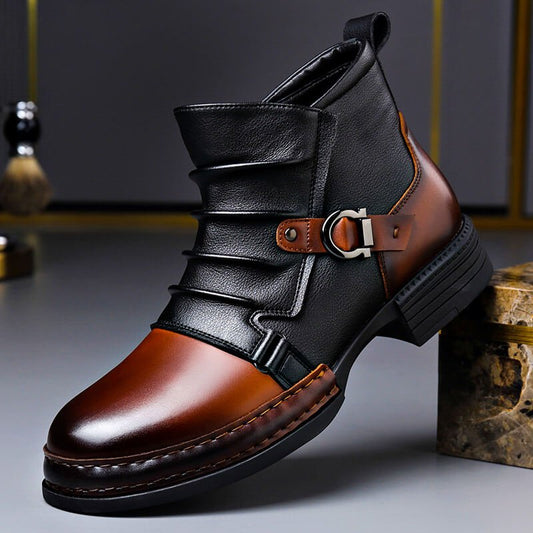 Two-tone genuine leather boots, black upper with brown toe and buckle strap