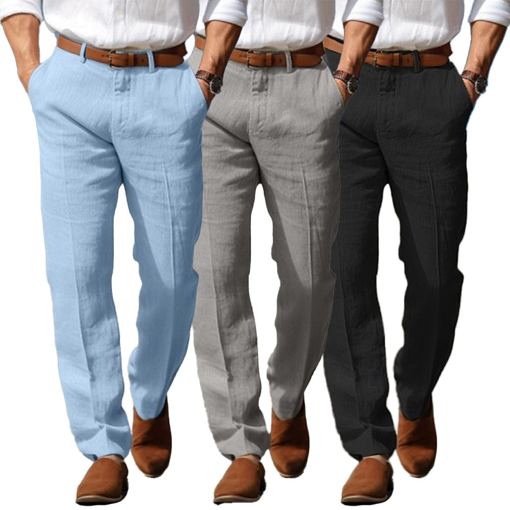 Set of linen men’s pants with belt loops in light blue, gray, and black