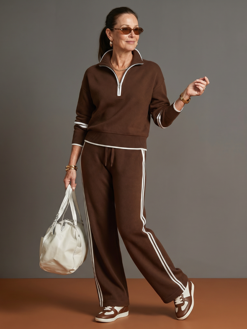 Brown zip-neck long-sleeve tracksuit set with white stripe jogger pants and ribbed cuffs
