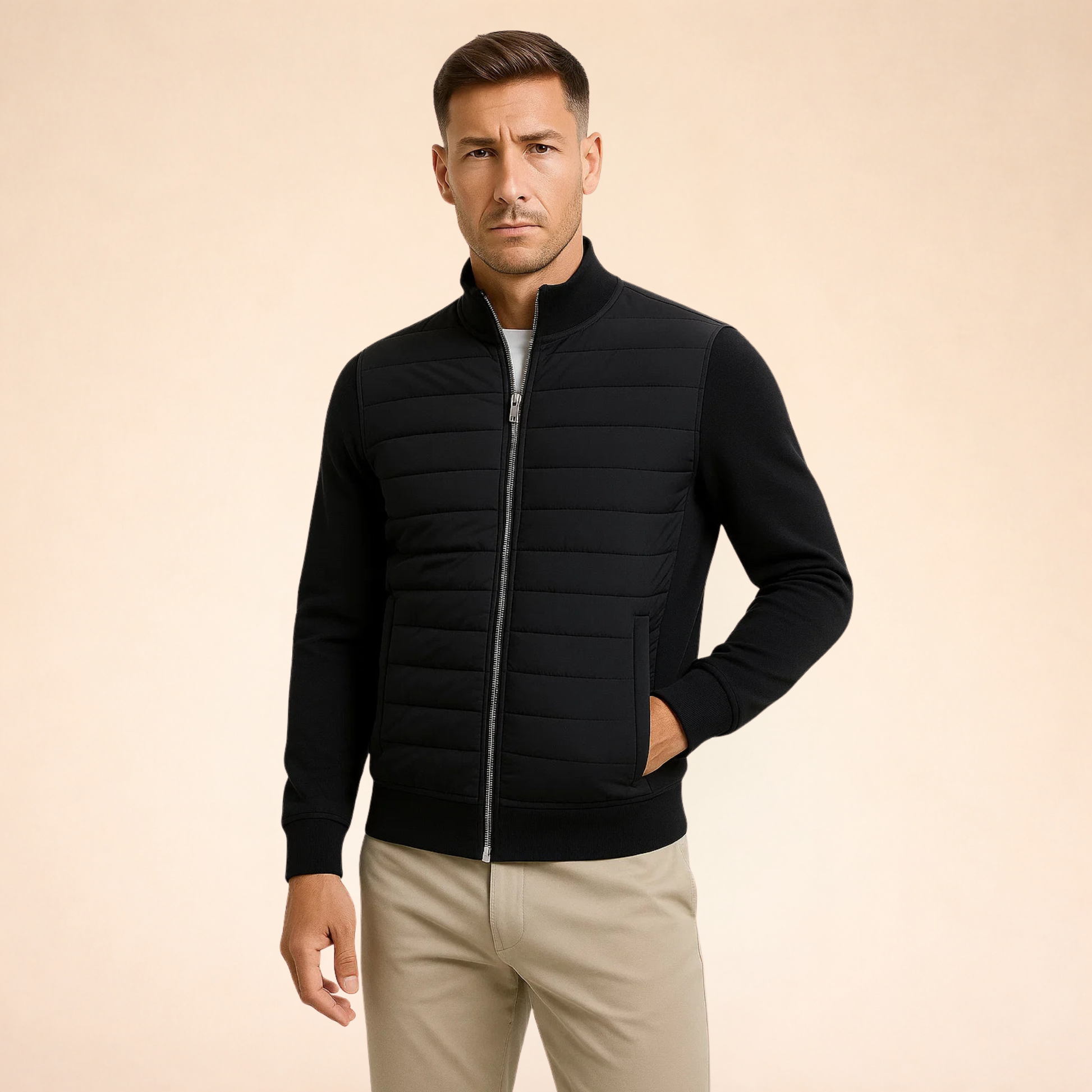 Men's black hybrid puffer jacket with full-zip and ribbed knit sleeves