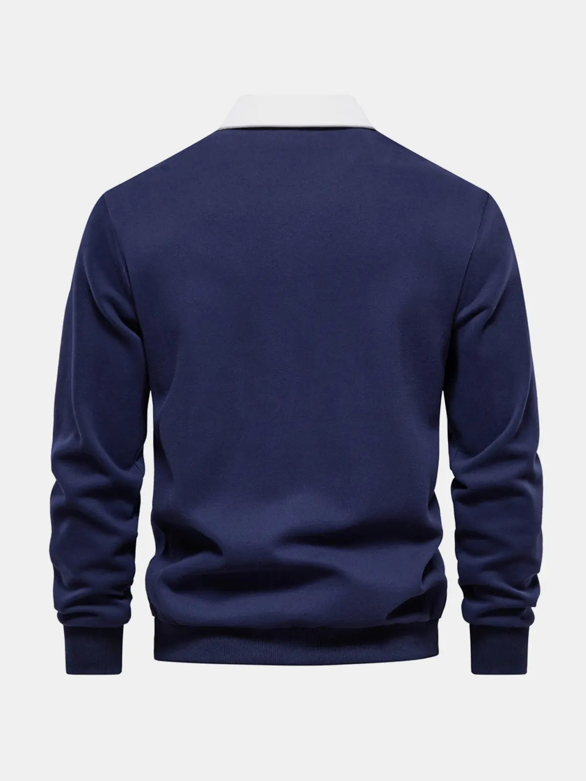 Back view of navy long-sleeve polo sweatshirt with white inner collar