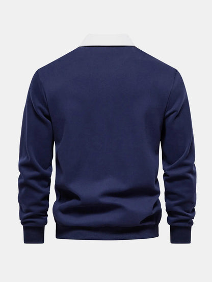Back view of navy long-sleeve polo sweatshirt with white inner collar