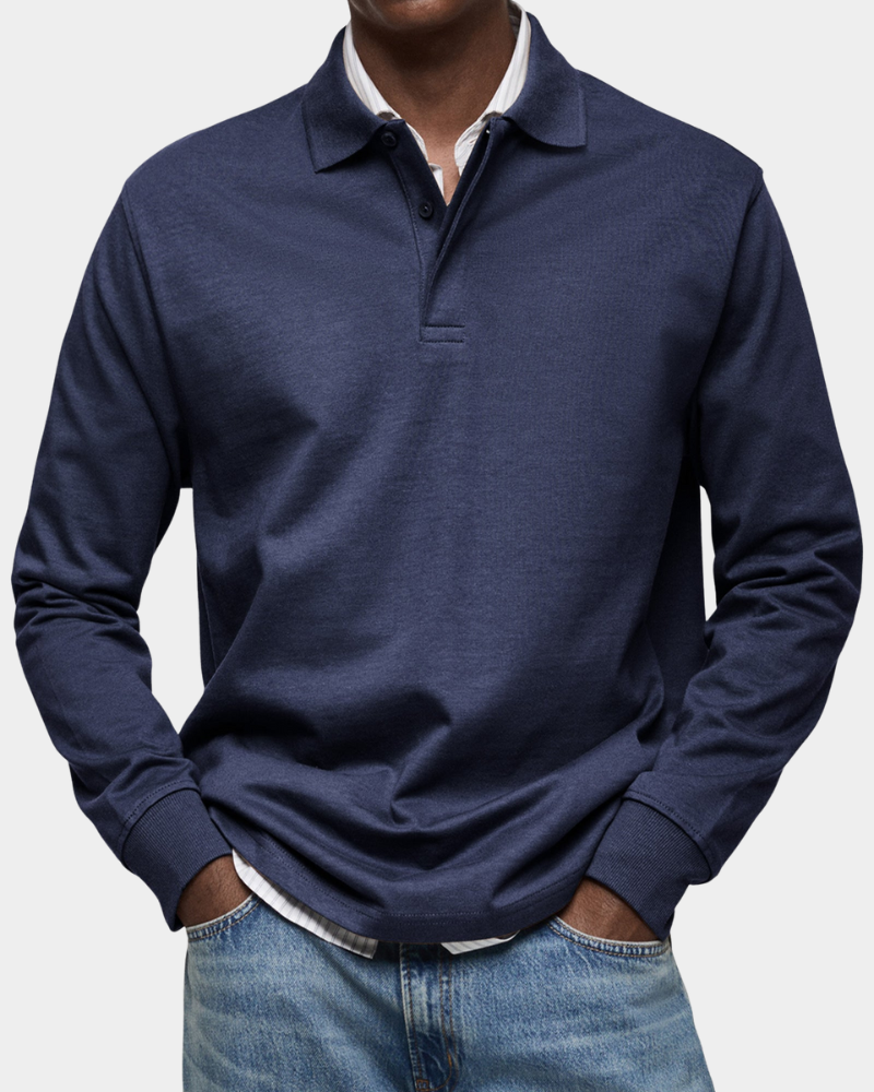 Navy long-sleeve polo shirt with button placket and ribbed cuffs