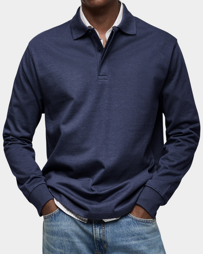 Navy long-sleeve polo shirt with button placket and ribbed cuffs