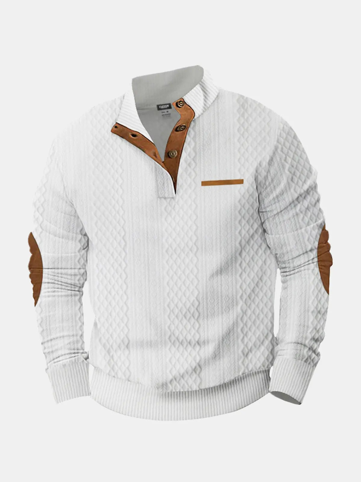 Cable knit pullover sweatshirt, white with tan collar and chest pocket tab