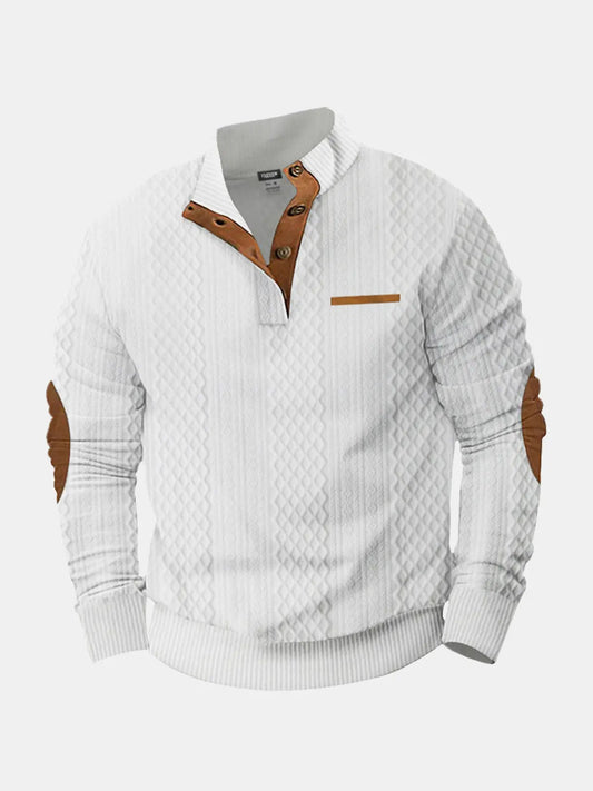 Cable knit pullover sweatshirt, white with tan collar and chest pocket tab