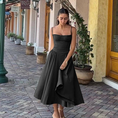 Women’s sweetheart pleated midi dress, black spaghetti straps and flared skirt