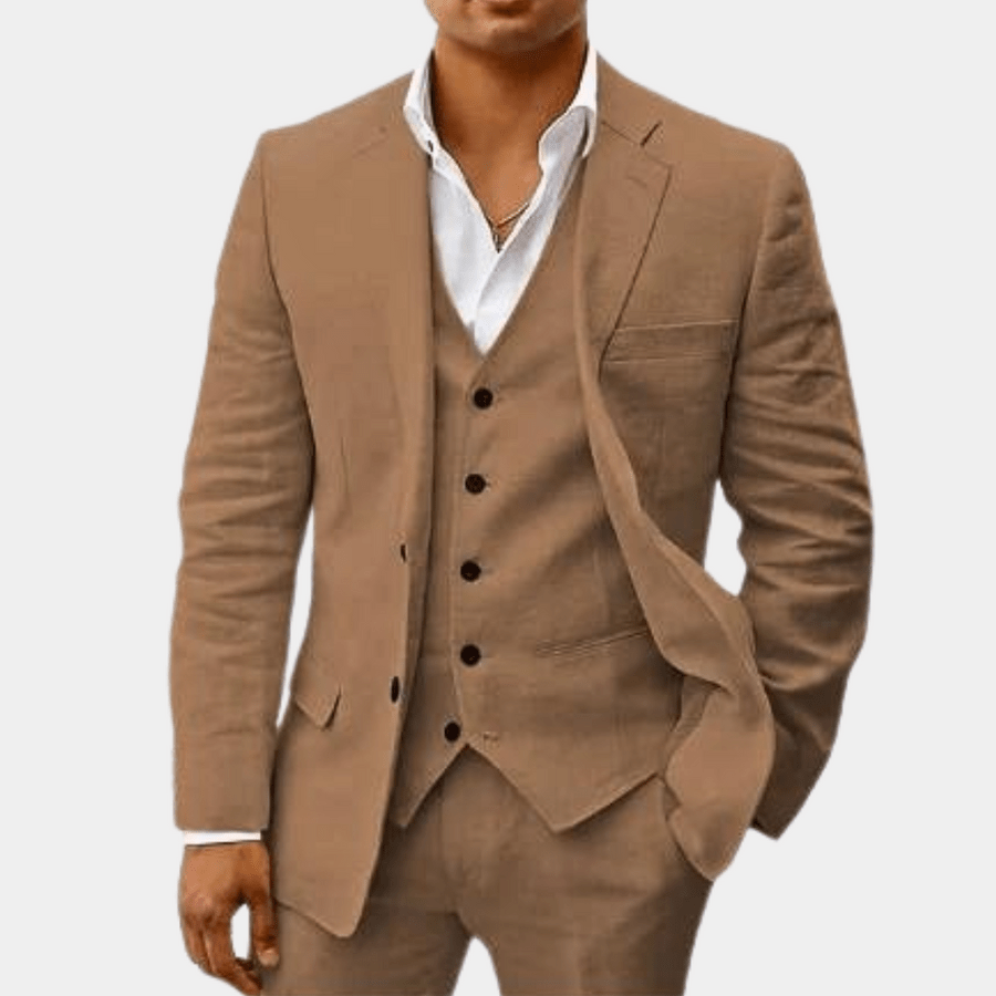 Brown linen blazer, vest, and trousers set with notch lapels and chest pocket
