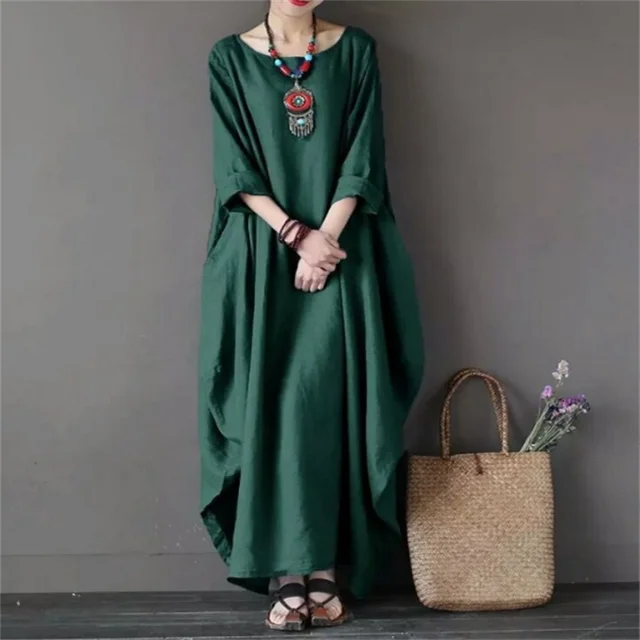 Loose-fit kaftan maxi dress in dark green, round neckline, wide elbow-length sleeves