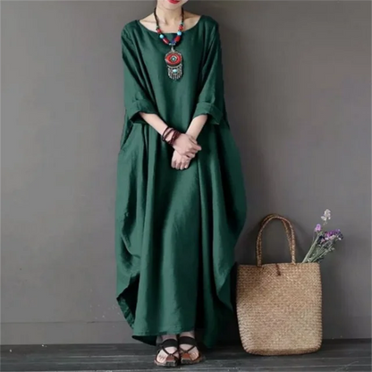 Loose-fit kaftan maxi dress in dark green, round neckline, wide elbow-length sleeves