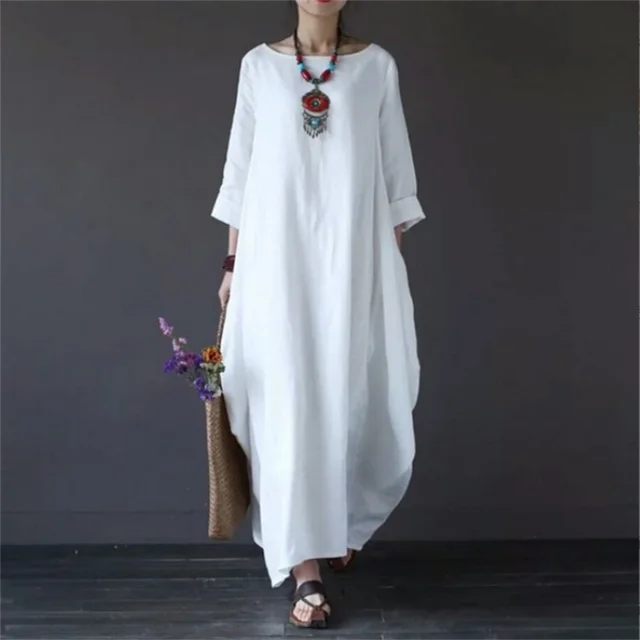 Loose-fit kaftan maxi dress in white, loose drape, elbow-length sleeves