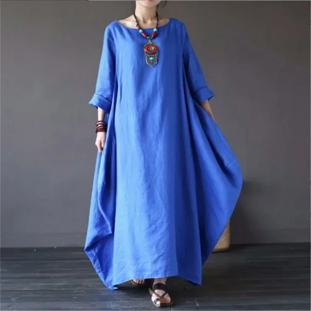 Loose-fit kaftan maxi dress in blue, round neckline, elbow-length sleeves