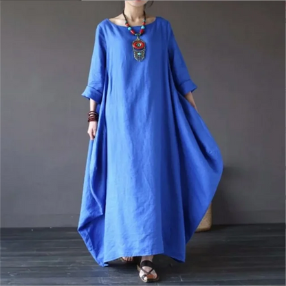 Loose-fit kaftan maxi dress in blue, round neckline, elbow-length sleeves