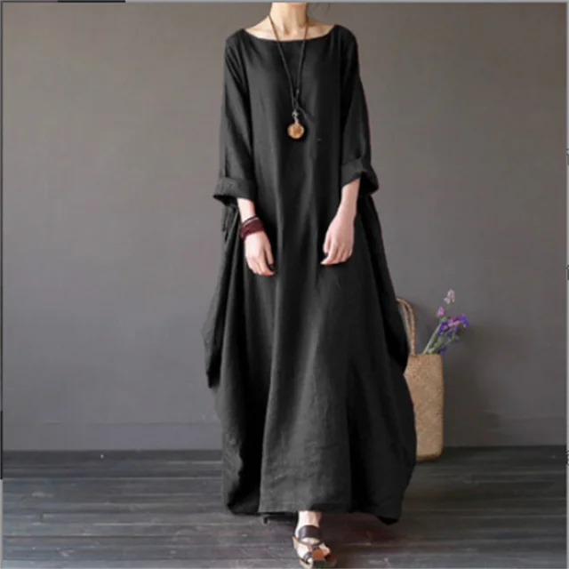 Loose-fit kaftan maxi dress in black, wide sleeves, long loose silhouette