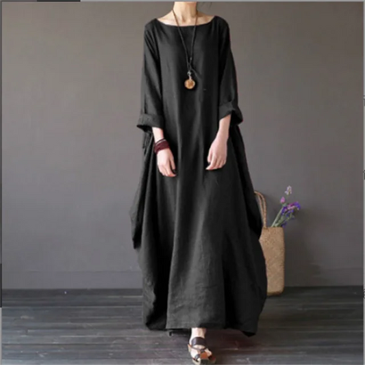 Loose-fit kaftan maxi dress in black, wide sleeves, long loose silhouette
