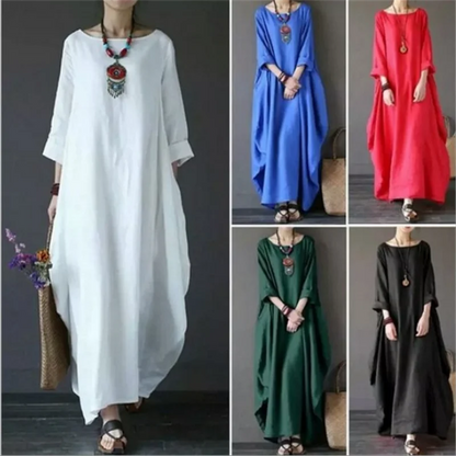 Kaftan maxi dress shown in multiple colors: white, blue, red, dark green