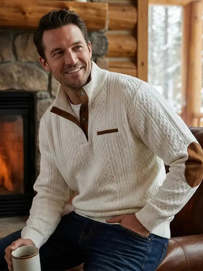 Cable-knit pullover sweatshirt in white with half-button placket and brown accent trim