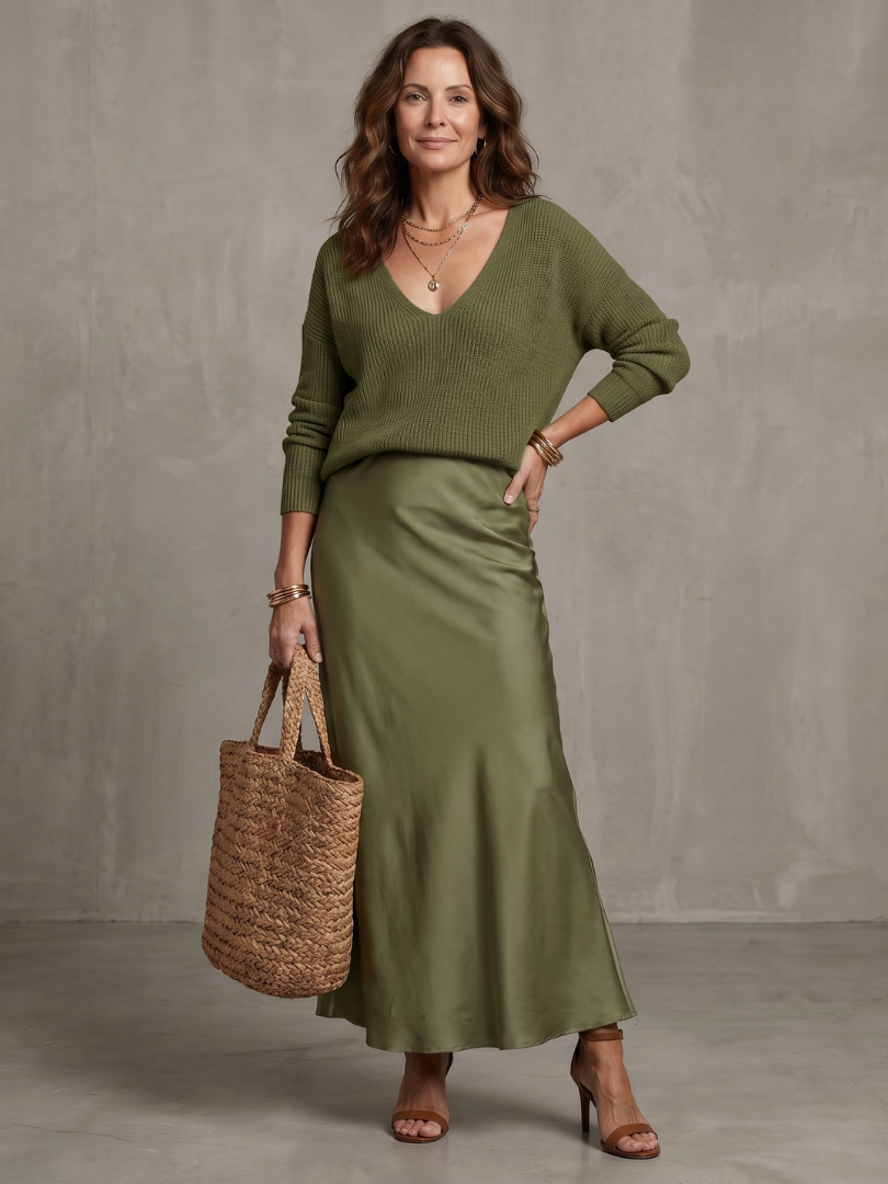 Green knit V-neck top and sage satin bias midi skirt set, gathered drape hem